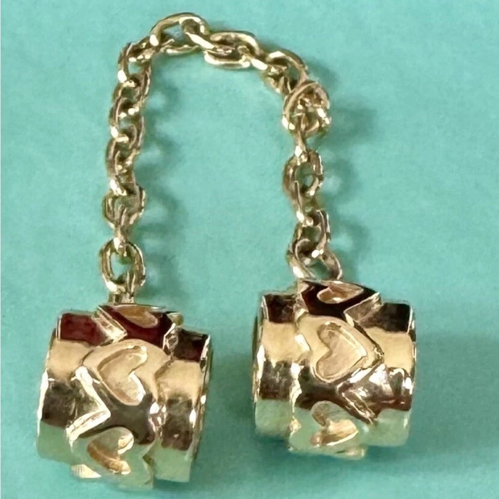 Pandora Moments 14K Solid Gold Hearts Safety Chain Charm